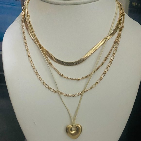 Goldtone Layered Chain Necklace With Heart main image 0